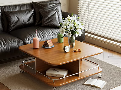 Stylish Wooden Coffee Table With White Flowers Clock And Books Near Black Leather Sofa 3d model