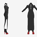 Black Long Dress With Cut Out Shoulder Design And Red Sole Shoes