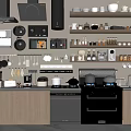 Modern Kitchen With Various Appliances Cabinets Shelves And Cooking Utensils