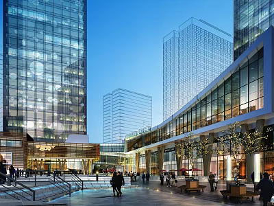 Modern Urban Commercial Street Scene With Glass Facades Pedestrians Trees Benches And Bright Atmosphere 3d model