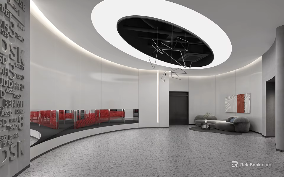 Modern Front Desk Reception Area With Circular Ceiling Light Sofa Seating And Decorative Art 3d model 