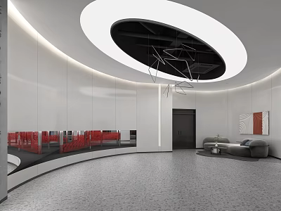 Modern Front Desk Reception Area With Circular Ceiling Light Sofa Seating And Decorative Art 3d model