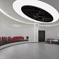Modern Front Desk Reception Area With Circular Ceiling Light Sofa Seating And Decorative Art 3d model