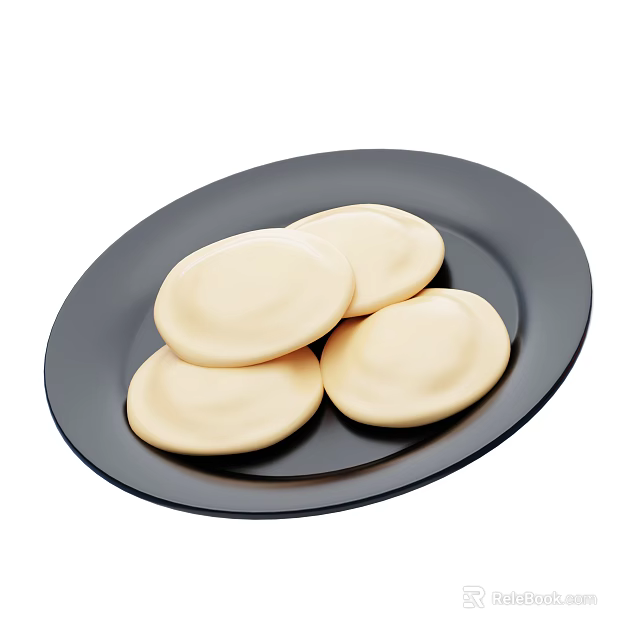 Four Light Yellow Round Cookies On Black Ceramic Plate For Tasty Snack 3d model 