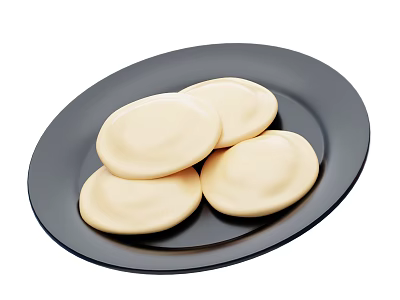Four Light Yellow Round Cookies On Black Ceramic Plate For Tasty Snack 3d model