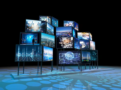 Stacked Digital Screens Displaying City Night Views And Tech Elements On Blue Light Ground 3d model