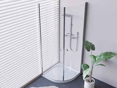 Modern Shower Head in Transparent Glass Shower Enclosure with Potted Plant and Window Blinds 3d model