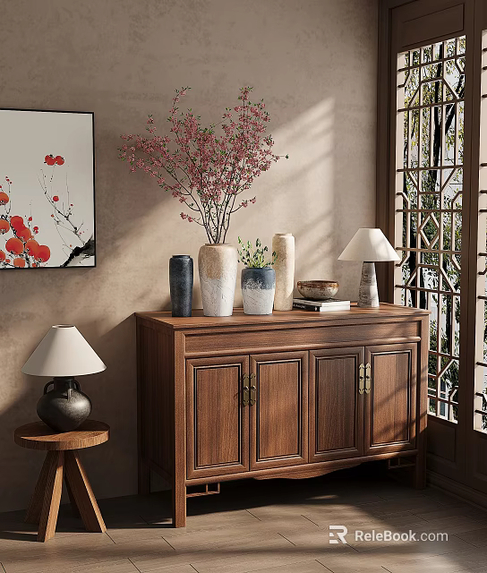 Wooden Three Door Sideboard with Vases Table Lamp and Decorative Painting by Window 3d model 