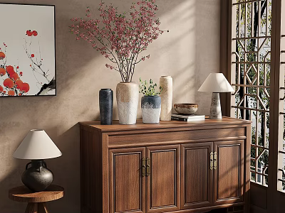 Wooden Three Door Sideboard with Vases Table Lamp and Decorative Painting by Window 3d model