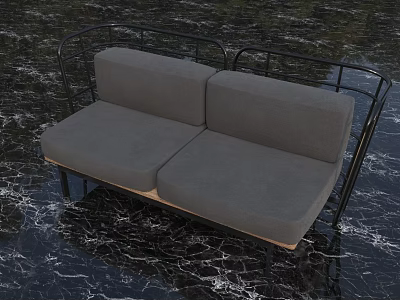 Gray Two Seater Sofa With Black Metal Frame On Black Marble Floor 3d model