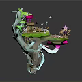 Stylish Modern Interior Decor With Small Floating Green Island And Pink Ornamental Trees
