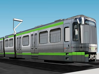 Modern Urban Transit Train With Silver Body And Green Stripes On Tracks Under Blue Sky 3d model