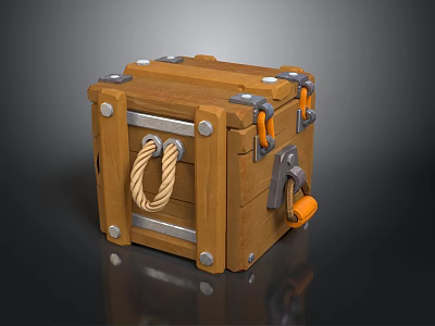 Vintage Wooden Crate With Metal Hardware Rope Handle And Lock 3d model