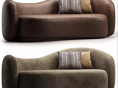 Unique Shaped Sofa in Brown and Dark Green with Decorative Striped Pillows 3d model