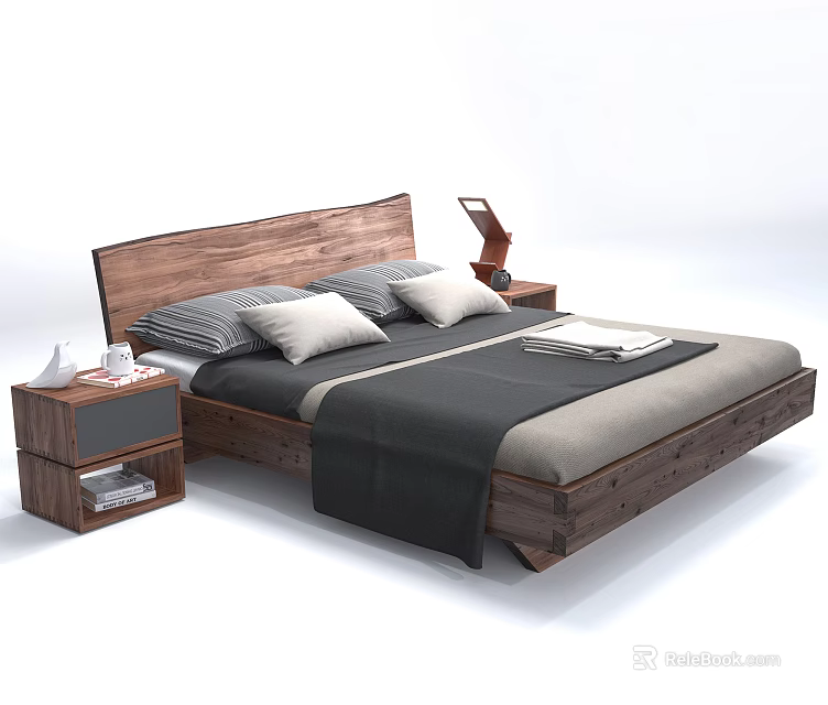 Modern Wooden Double Bed with Gray White Pillows Gray Black Blanket and Side Table Lamp 3d model 