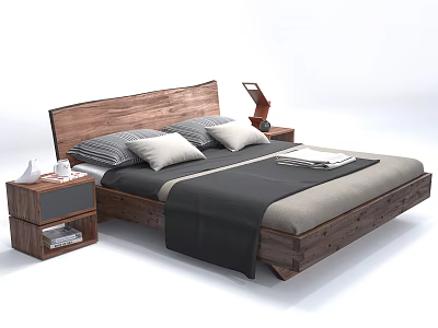 Modern Wooden Double Bed with Gray White Pillows Gray Black Blanket and Side Table Lamp 3d model