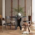 Modern Round Black Dining Table Set With Wooden Chairs Stools And Potted Plant