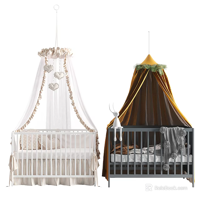 Baby Cribs with White Dark Brown Canopies Gold Accents Heart Decorations and Deer Plush Toy 3d model 