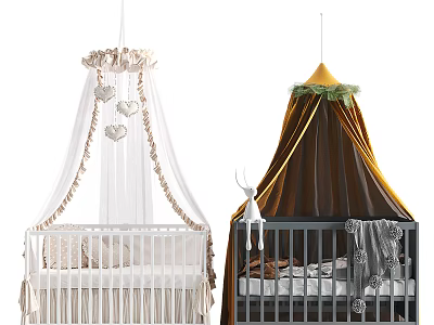 Baby Cribs with White Dark Brown Canopies Gold Accents Heart Decorations and Deer Plush Toy 3d model