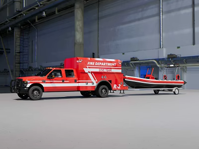 Red Fire Department Emergency Truck Towing Rescue Boat In Industrial Warehouse 3d model
