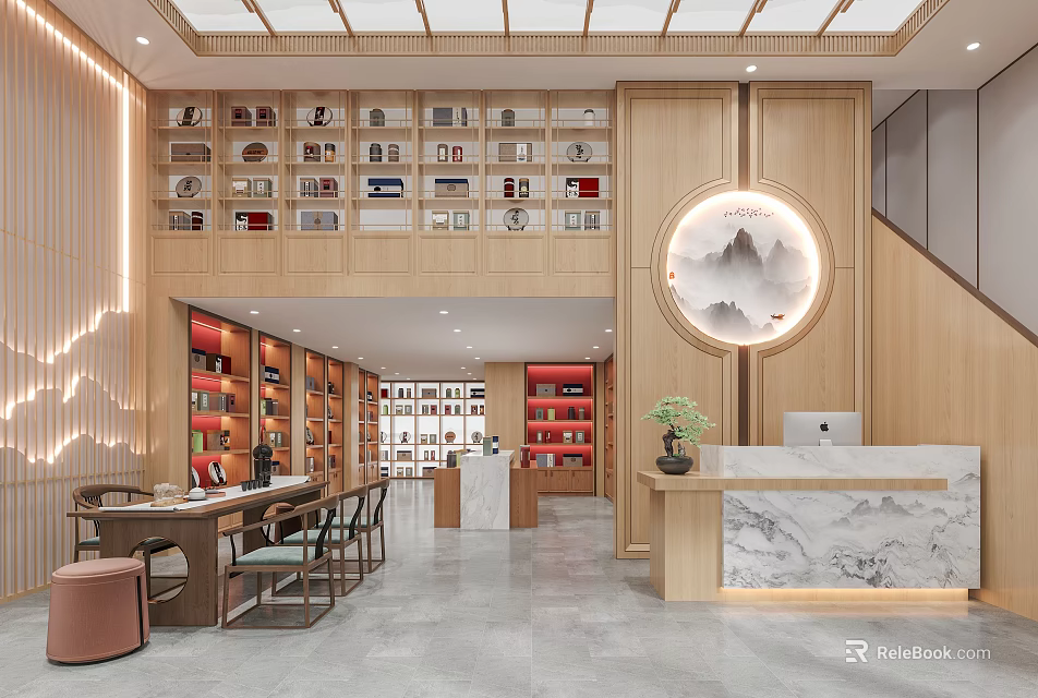 Specialty Store Interior Featuring Wooden Shelves Marble Counter Circular Decorative Art And Product Displays 3d model 