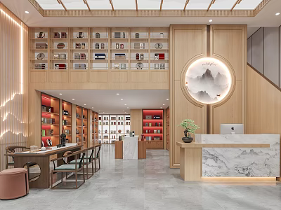 Specialty Store Interior Featuring Wooden Shelves Marble Counter Circular Decorative Art And Product Displays 3d model