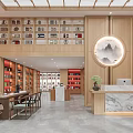 Specialty Store Interior Featuring Wooden Shelves Marble Counter Circular Decorative Art And Product Displays