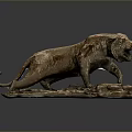 Detailed Roaring Bronze Tiger Sculpture with Striding Pose Textured Surface and Rock Base