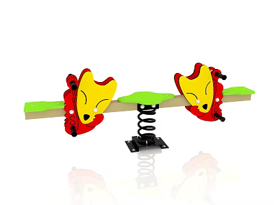 Colorful Playground Seesaw Equipment With Cartoon Fox Head Red Yellow Design And Green Seat 3d model