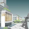 Modern Commercial Complex with Glass Facade Evening Lighting Green Trees and Street Cars