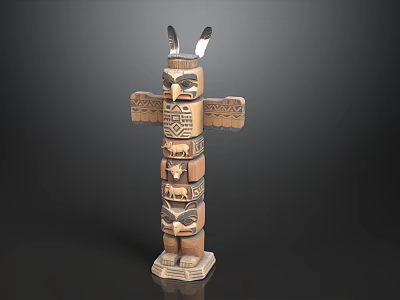 Traditional Wooden Totem Pole Sculpture With Feather Details And Animal Figures 3d model