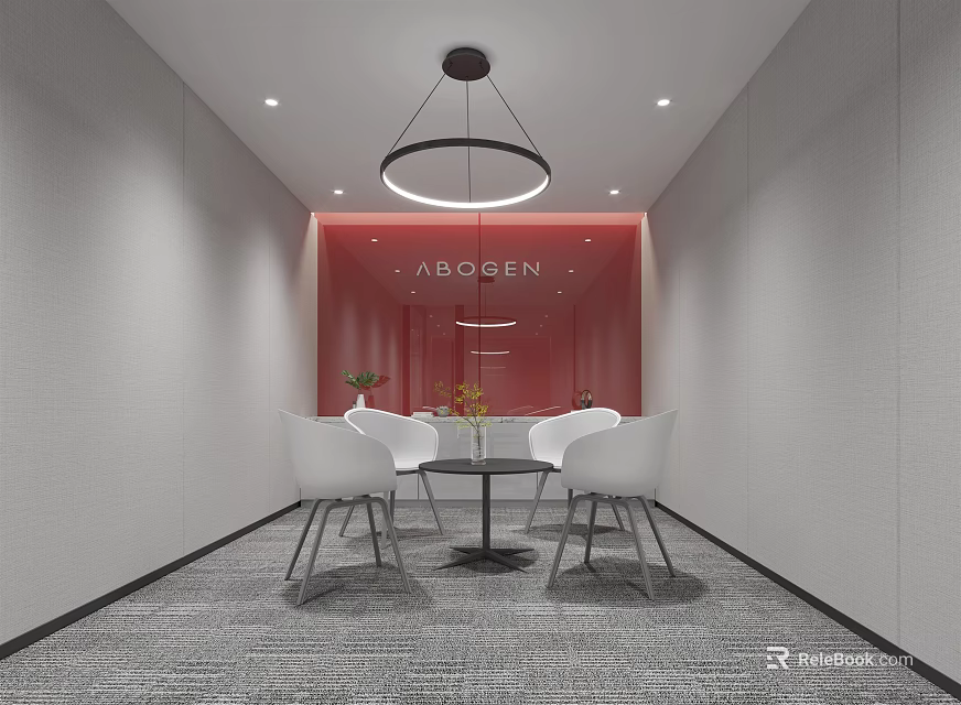 Modern Lounge Area With White Chairs Round Table Red Accent Wall Chandelier And Gray Carpet 3d model 