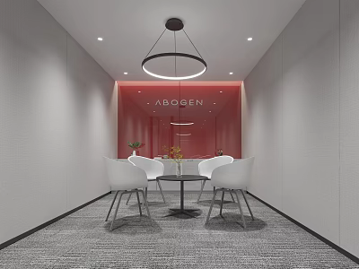 Modern Lounge Area With White Chairs Round Table Red Accent Wall Chandelier And Gray Carpet 3d model