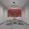 Modern Lounge Area With White Chairs Round Table Red Accent Wall Chandelier And Gray Carpet