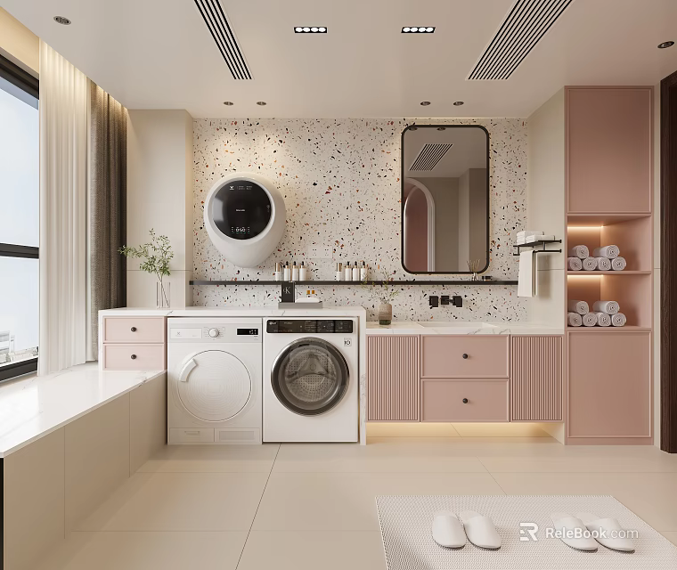 Modern Pastel Pink Bathroom Interior With Integrated Laundry Machines And Terrazzo Wall Decor Design 3d model 