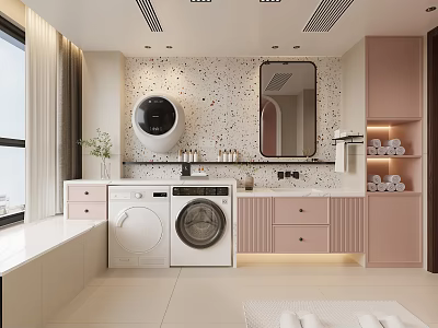 Modern Pastel Pink Bathroom Interior With Integrated Laundry Machines And Terrazzo Wall Decor Design 3d model