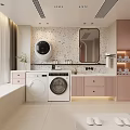 Modern Pastel Pink Bathroom Interior With Integrated Laundry Machines And Terrazzo Wall Decor Design