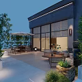 Modern Clubhouse Exterior Featuring Glass Facade Wooden Deck Plants And Interior Lounge Seating