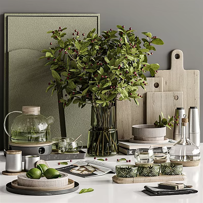 Stylish Kitchenware Display With Glass Teapot Green Plant And Wooden Cutting Boards 3d model