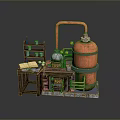Vintage Industrial Miniature Setup Featuring Orange Container Metal Apparatus Pipes And Wooden Shelf