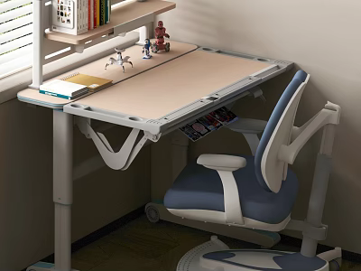 Light Beige Study Desk and Blue White Chair Set with Bookshelf and Decorative Items 3d model