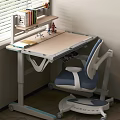 Light Beige Study Desk and Blue White Chair Set with Bookshelf and Decorative Items