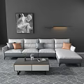 Modern Gray L Shaped Sofa and Coffee Table with Orange Gray Throw Pillows Decorative Items