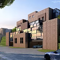 Modern Townhouse Exterior Design Featuring Glass Elements Geometric Structure And Greenery