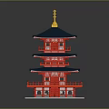 Cartoon Scene Of Multi Tiered Red Tower With Blue Roofs Golden Top And Green Base