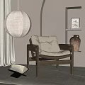 Cozy Wooden Frame Lounge Chair With Beige Cushion And Linen Pendant Light In Minimalist Room