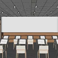 Modern Music Classroom Interior With Music Stands Chairs Large Screen Speakers Windows And Blue Curtains
