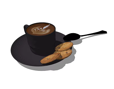 Black Coffee Cup With Latte Art On Saucer And Cookies With Spoon 3d model