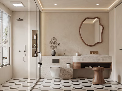 Modern Bathroom Interior With Glass Shower Round Mirror Vanity And Geometric Floor Tiles 3d model