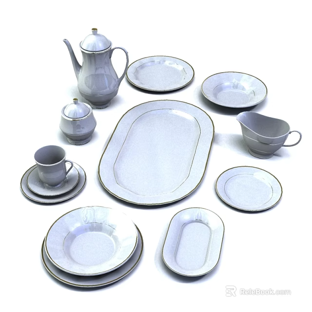 White Dinnerware Set With Teapot Teacup Round Oval Plates And Creamer 3d model